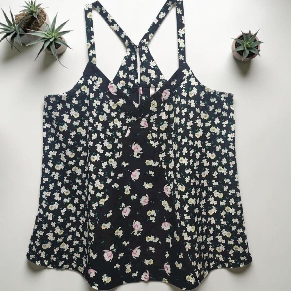 LC Lauren Conrad Racerback Top Womens Large Black Pink Floral Cottagecore Boho